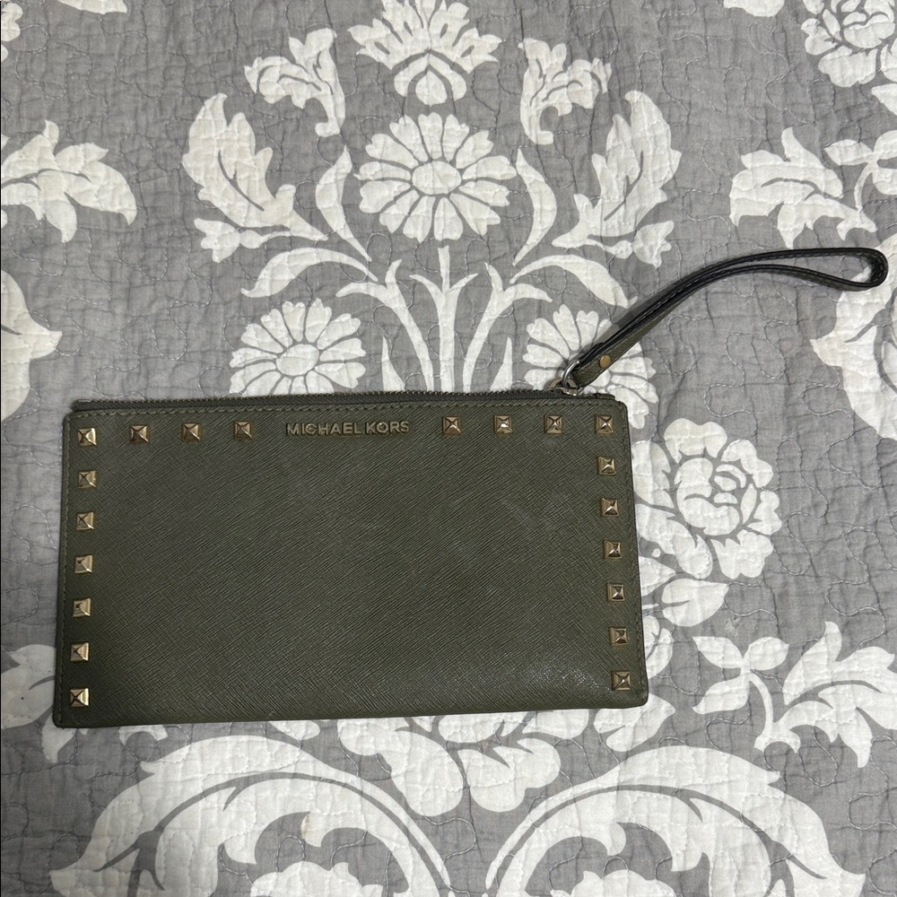 Michael Kors Dark Green Wristlet with Gold Accents